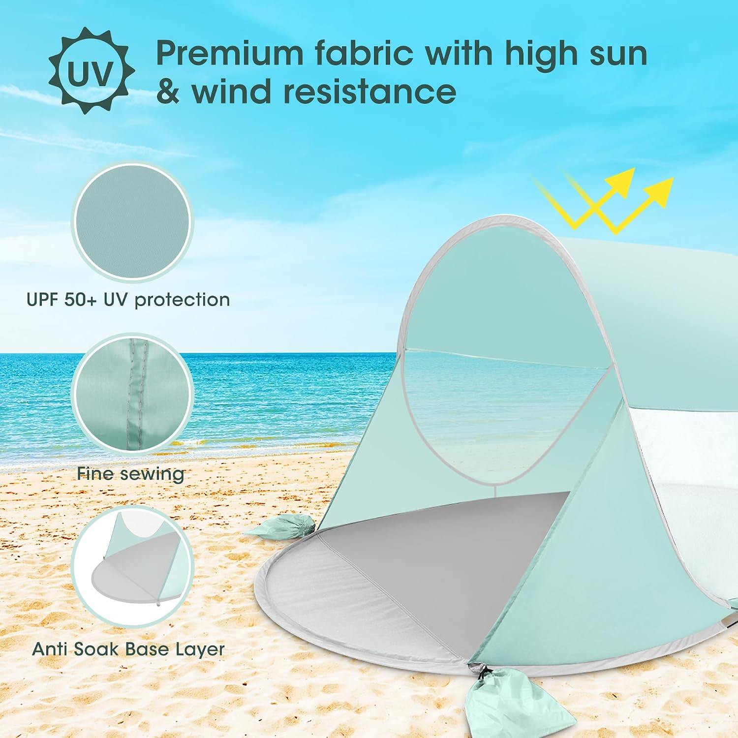 Pop Up Beach Tent, Portable Outdoor Shade, UPF 50+ Baby Shelter, Easy Setup Windproof Waterproof Canopy - Image 2